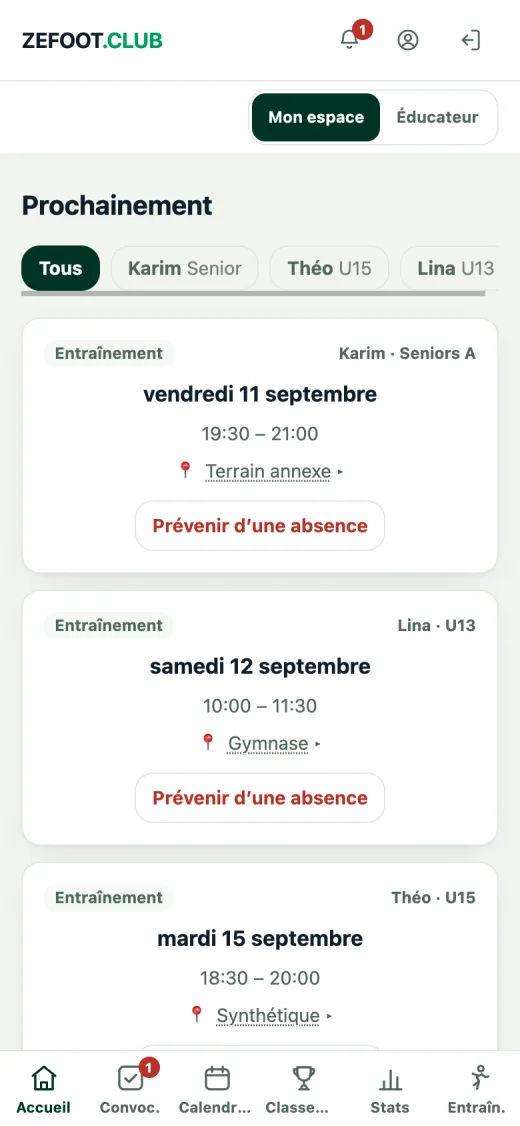 Accueil de l'app licenciés : les prochains matchs et entraînements des enfants du foyer, dans l'ordre chronologique.