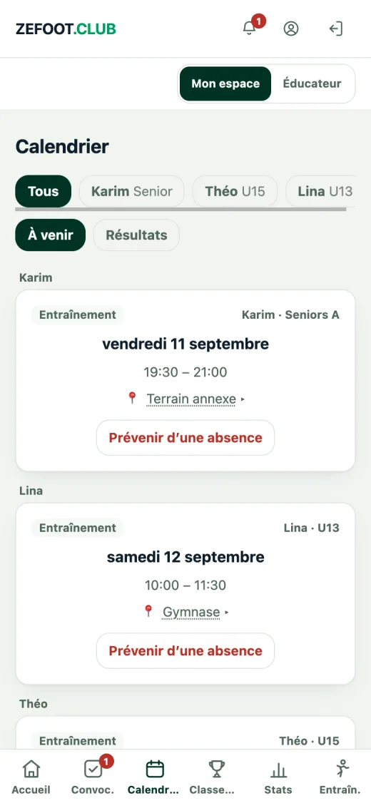 Calendrier de l'app : les matchs à venir et joués des équipes du foyer, avec leurs scores.