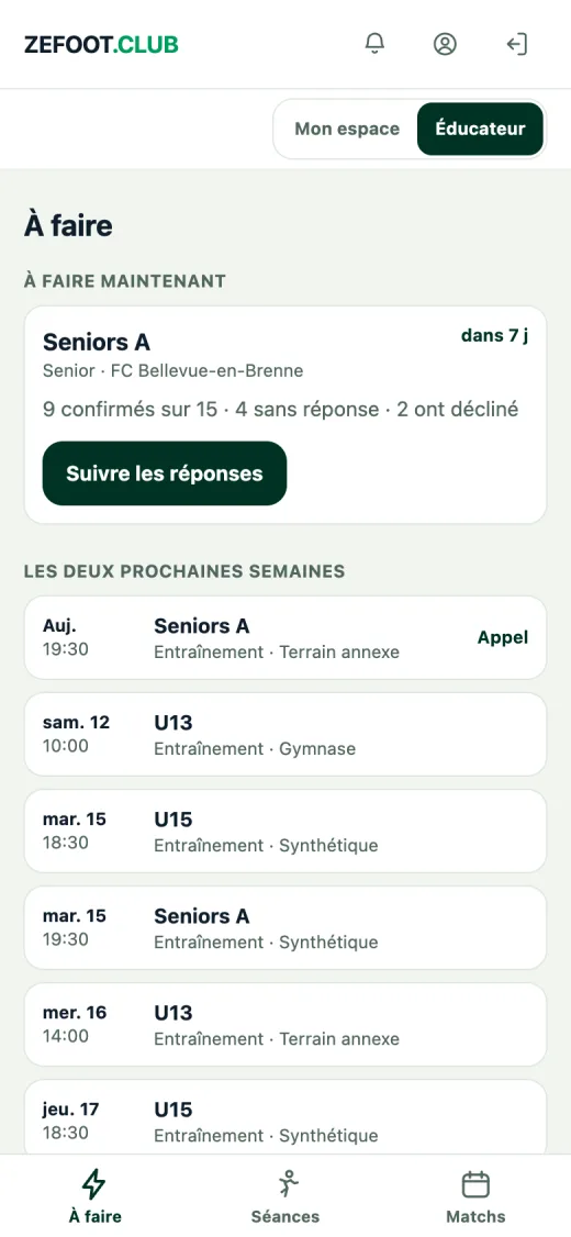 Espace éducateur dans l'app : l'appel de la séance du jour et les convocations en attente de réponse.