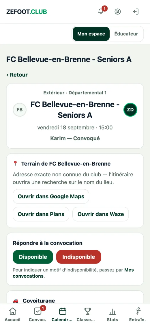 Fiche d'un match dans l'app : rendez-vous, lieu, réponse à la convocation et covoiturage.