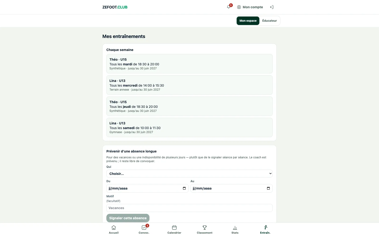 Page Mes entraînements de l'espace web : le créneau hebdomadaire de chaque enfant jusqu'à la fin de la saison, les absences déclarées et l'abonnement à l'agenda.