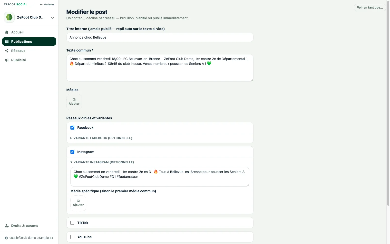 Écran de composition d'un post : texte commun, réseaux cochés, texte propre à un réseau, média de la médiathèque et choix de la couverture vidéo.