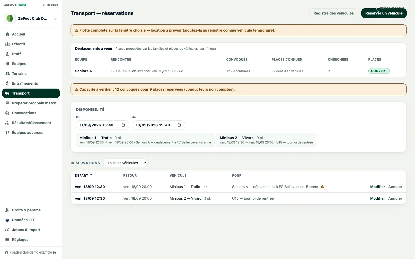 Planning transport : réservations des véhicules du club, signal flotte complète et déplacements à venir avec le covoiturage des familles.